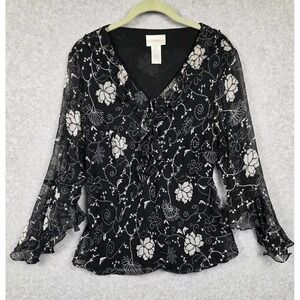 Worthington Blouse Womens Large Black Floral Ruffle Sheer Silk Beaded Whimsygoth